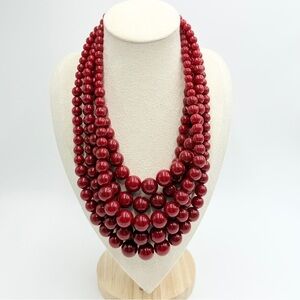 Vintage Red Beaded Multi Strand Statement Necklace Bold Chunky Bib